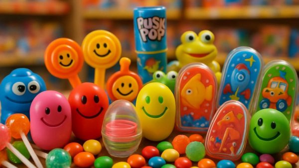 Colorful pocket-money toys displayed in a toy store; Pocket-Money-Artikel als Impulsbringer.