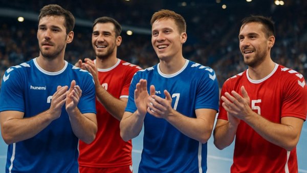 Handball players applauding post-match with audience in arena.