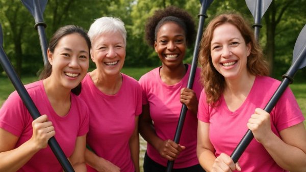 Brustkrebs-Sprotten team smiling in pink shirts with paddles.