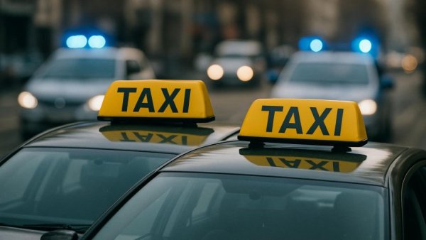 Taxiüberfall in Bargteheide: Taxis with police car and blue lights.