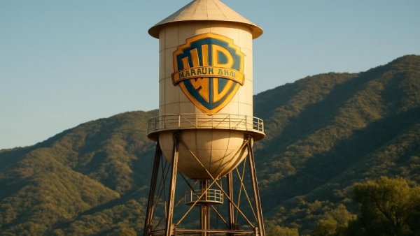 Warner Bros water tower in sunlight with green hills backdrop, Übernahmeangebot Paramount Warner Bros.
