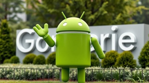 Cheerful green Android mascot waving in front of Google sign.