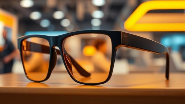 Amber-lensed smart glasses on display; app warns about smart glasses.