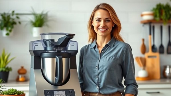 Thermomix TM6 Test setup with smiling woman in modern kitchen.