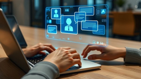 KI-Chatbots als Teamkollegen: digital AI chatbot hologram on laptop.