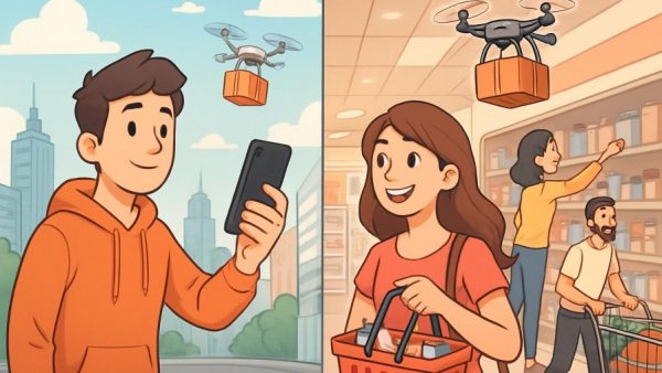 Konsumentenverhalten in Deutschland illustrated with store and smartphone.