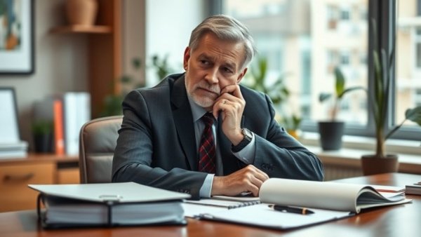Thoughtful older man in office, exploring digitale Abhängigkeiten im Mittelstand, blurred background.