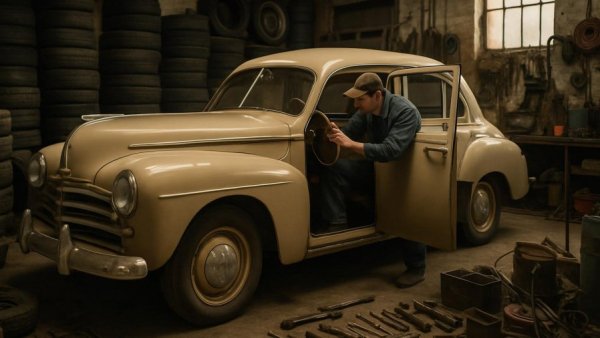 Vintage car inspection in garage at a Schrottplätze.