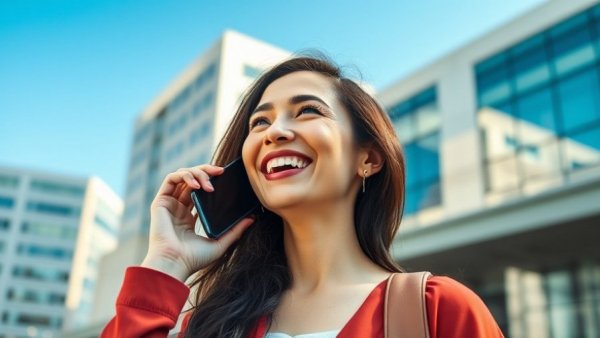 Parloa KI-Assistent Kundenkommunikation concept with cheerful woman on phone.