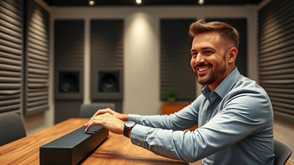Man adjusting a soundbar ohne Subwoofer in an acoustically treated room.