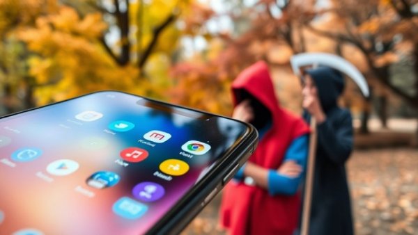 Samsung Galaxy S26 with AI apps in vibrant autumn park setting.