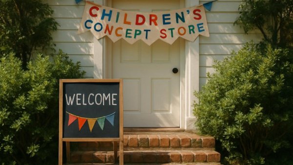 Entrance of Concept Store für Kinder in Hamburg with a welcoming signboard.