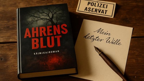 Ahrensblut Krimi book and paper on wooden table, mystery theme