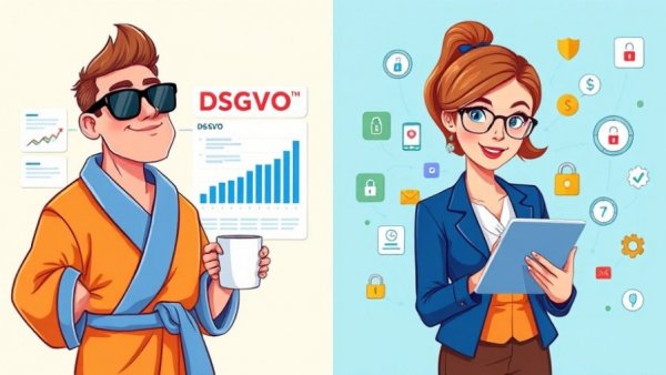 Illustration of Datenschutz als Ausrede with contrasting characters.