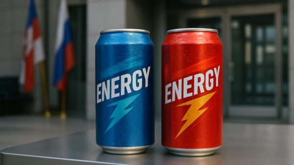 Modern building with energy drink cans and flags background.