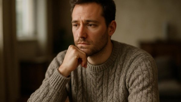 Casual thoughtful man in a cozy knit sweater reflecting indoors.