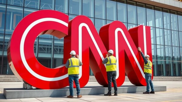 Workers adjust large CNN sign outside a building