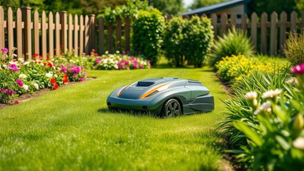 Kabellose Mähroboter von ANTHBOT in a lush garden setting.