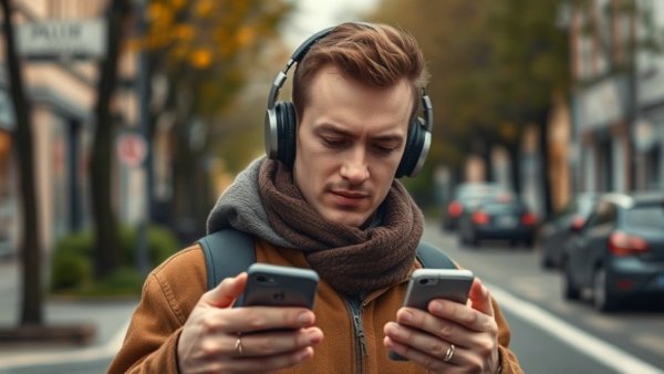 Young man using older smartphone as MP3 player on street.