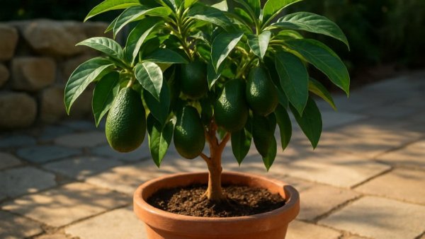 Avocado Baum selbst ziehen: Mature avocado tree in pot on patio.