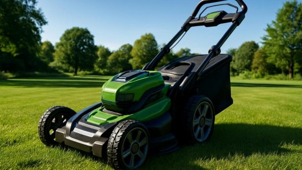 Modern Akku Rasenmäher Worx WG733E on a sunny lawn.