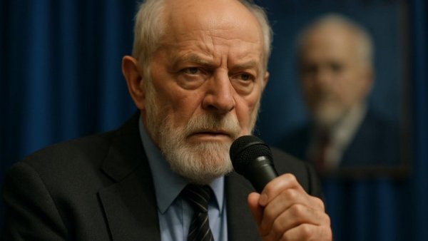 Elderly man speaking in front of blue curtain, Tod von Khamenei.