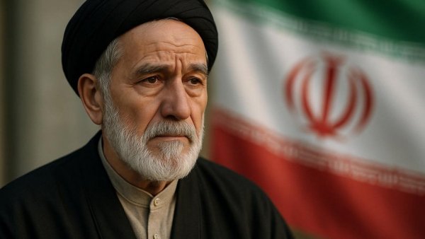 Close-up of a man in front of an Iranian flag.