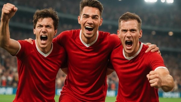 Three soccer players celebrating in the Bundesliga-Klassiker Dortmund gegen Bayern match.
