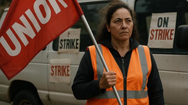 Union member holding flag during labor strike for Betriebsratswahlen 2026.