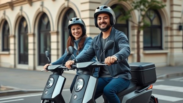 Adults on Xiaomi Electric Scooter 6 near vintage building.