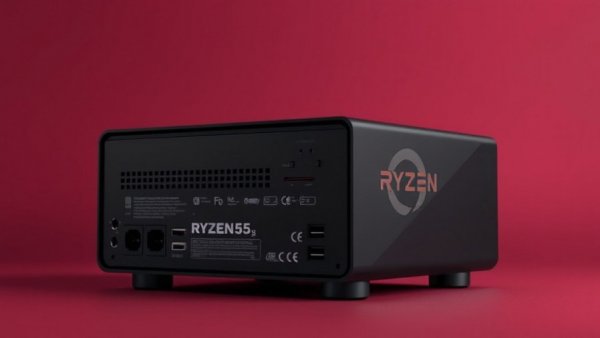 Compact Mini-PC with Ryzen 5 in a sleek design against maroon.