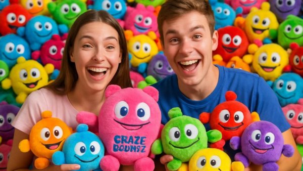 Cheerful young couple with Craze Bounzz toys, vibrant backdrop.