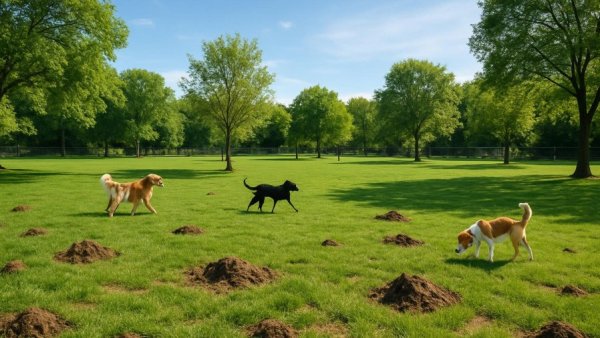 Tranquil dog park in Bad Oldesloe with green grass and trees.