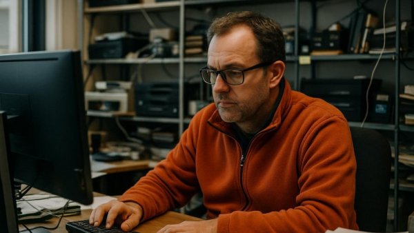 Hausmeister Benjamin Denissow working in a cluttered office with computers.