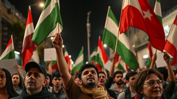 Demonstrators holding posters and flags at night. Iranische Cyberkriminalität Entwirrung.