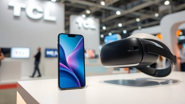 TCL NXTPaper AMOLED exhibit with smartphone and VR headset.