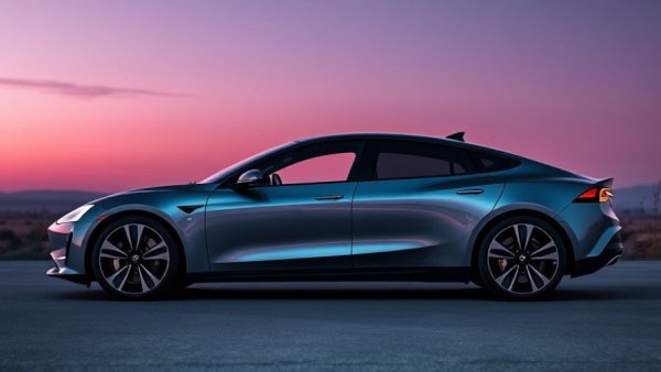 Sleek modern electric car in twilight landscape, beste E-Auto-Leasing-Angebote.