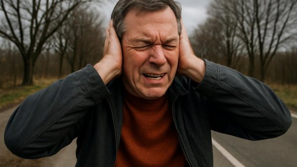 Quietschen im Camper, man covers ears outside van.
