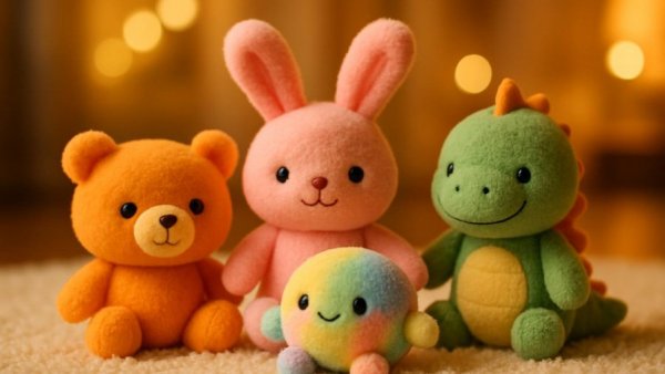 Cuddly plush toys in a cozy room, ideal mymochi Spielzeug für Kinder.