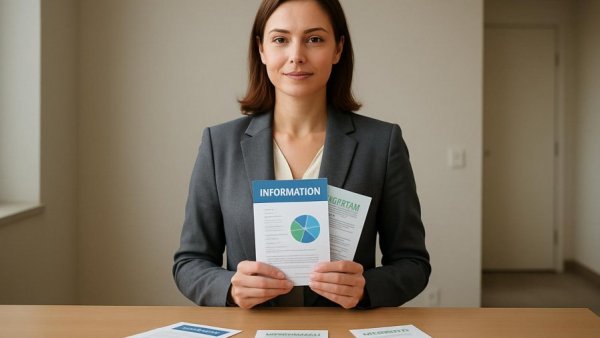 Professional woman holding brochures at Frauenberatung Bad Oldesloe.