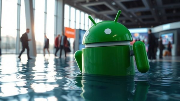Large Android mascot at a tech exhibition, Sicherheitslücke Android-Nutzer.
