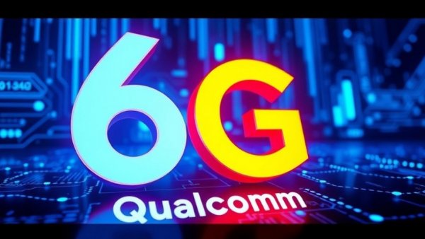 Futuristic 6G network Qualcomm logo, blue tech background.