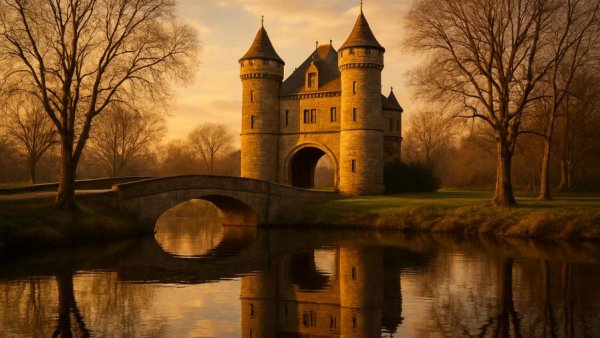 Torhaus von Schloss Ahrensburg by the river with reflections and bridge.