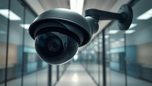 Videoüberwachung Regeln und DSGVO: Security camera with warning sign in office.