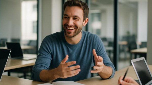 Smiling man discussing ideas in office setting.