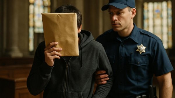 Person escorted in 'Berufung im Xylazin-Prozess', courthouse scene.