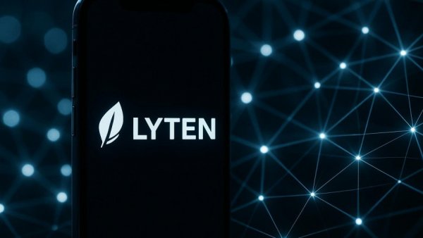 Smartphone showing LYTEN logo with futuristic network background.