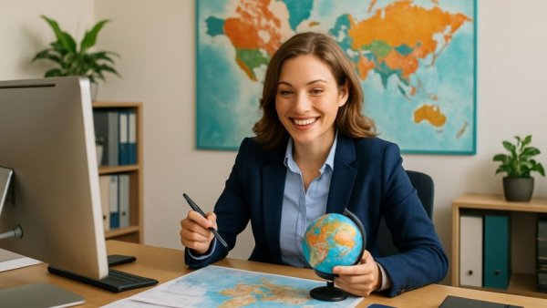 Travel agent planning trips in office setting, Reiseplanung in Krisenzeiten.