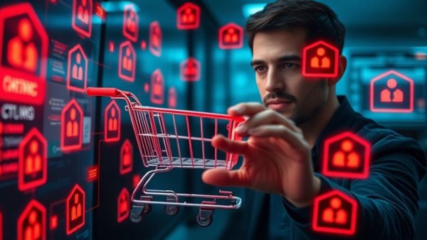 Person interacting with digital shopping cart and warning symbols, highlighting Cyberangriffe Online-Shops.