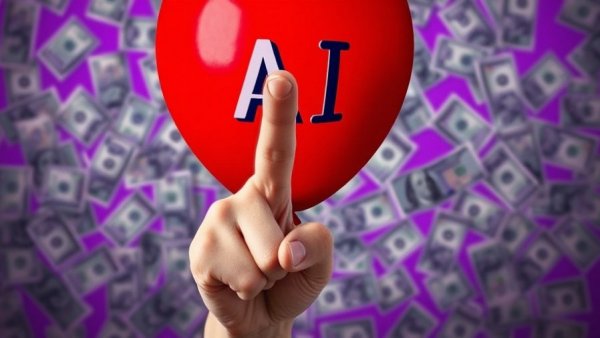 Surreal collage with finger gun aimed at AI balloon, symbolizing OpenAI 25 Milliarden Jahresumsatz.